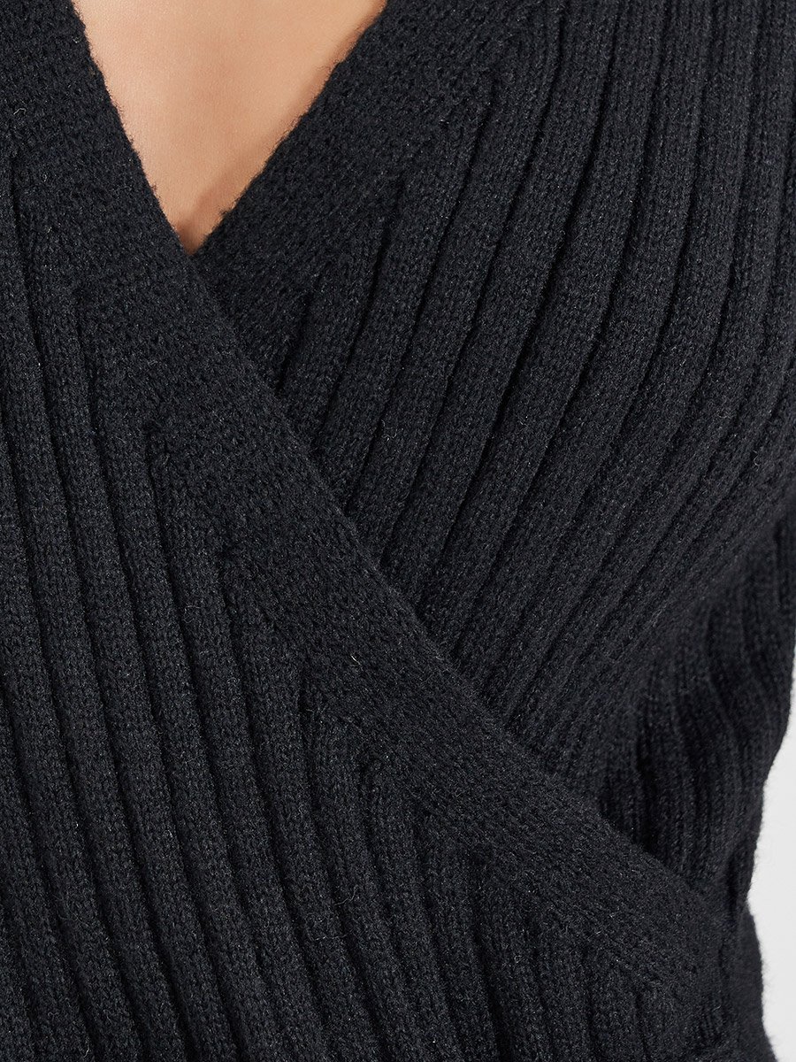Rib Knitted Mock Wrap Top with Tie Detail