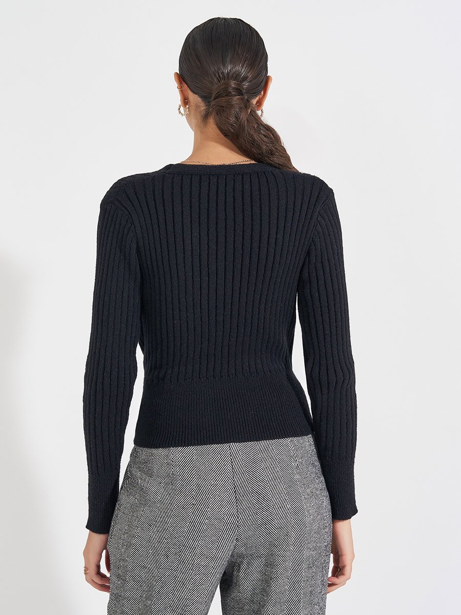 Rib Knitted Mock Wrap Top with Tie Detail