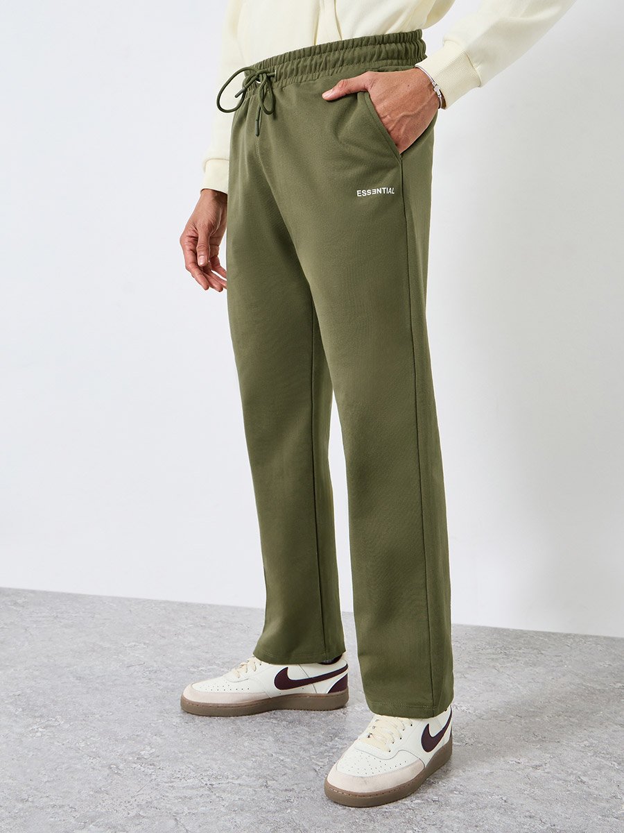 Men Olive Green Essential Slogan Joggers