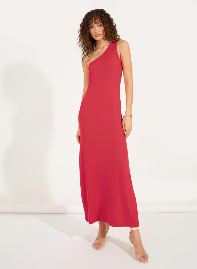 Ribbed Knit One Shoulder Sleeve Sheath Maxi Dress