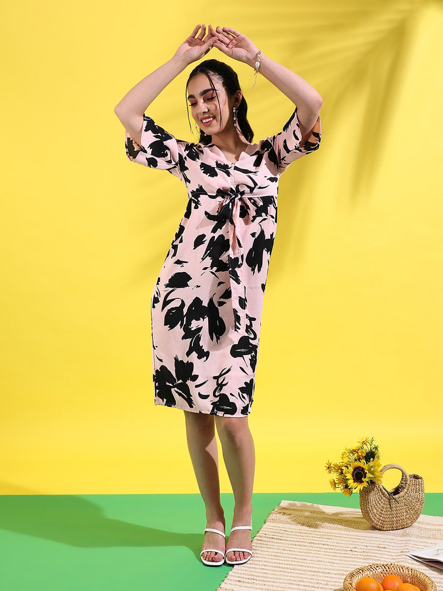 Abstract Print Knee Length Dress with Tie-Up Detail