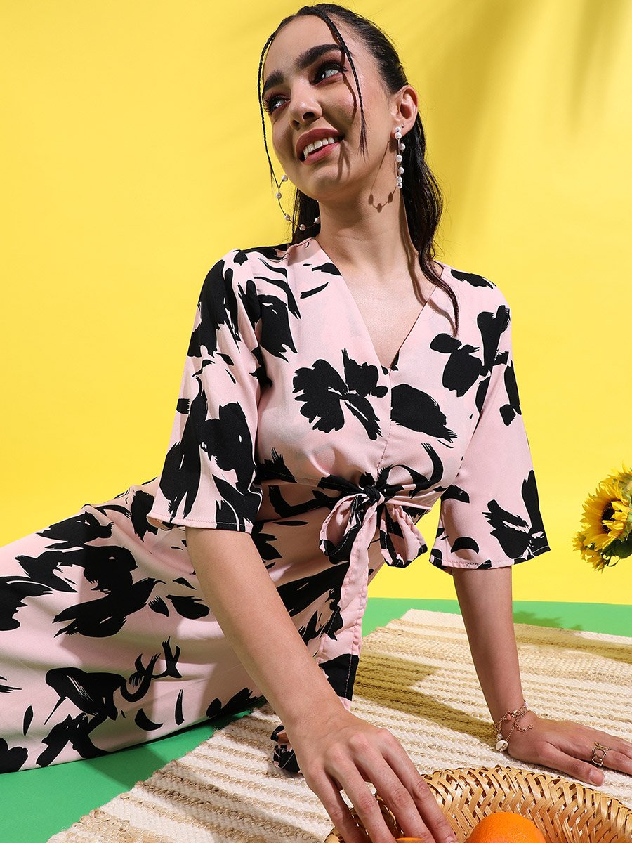Abstract Print Knee Length Dress with Tie-Up Detail
