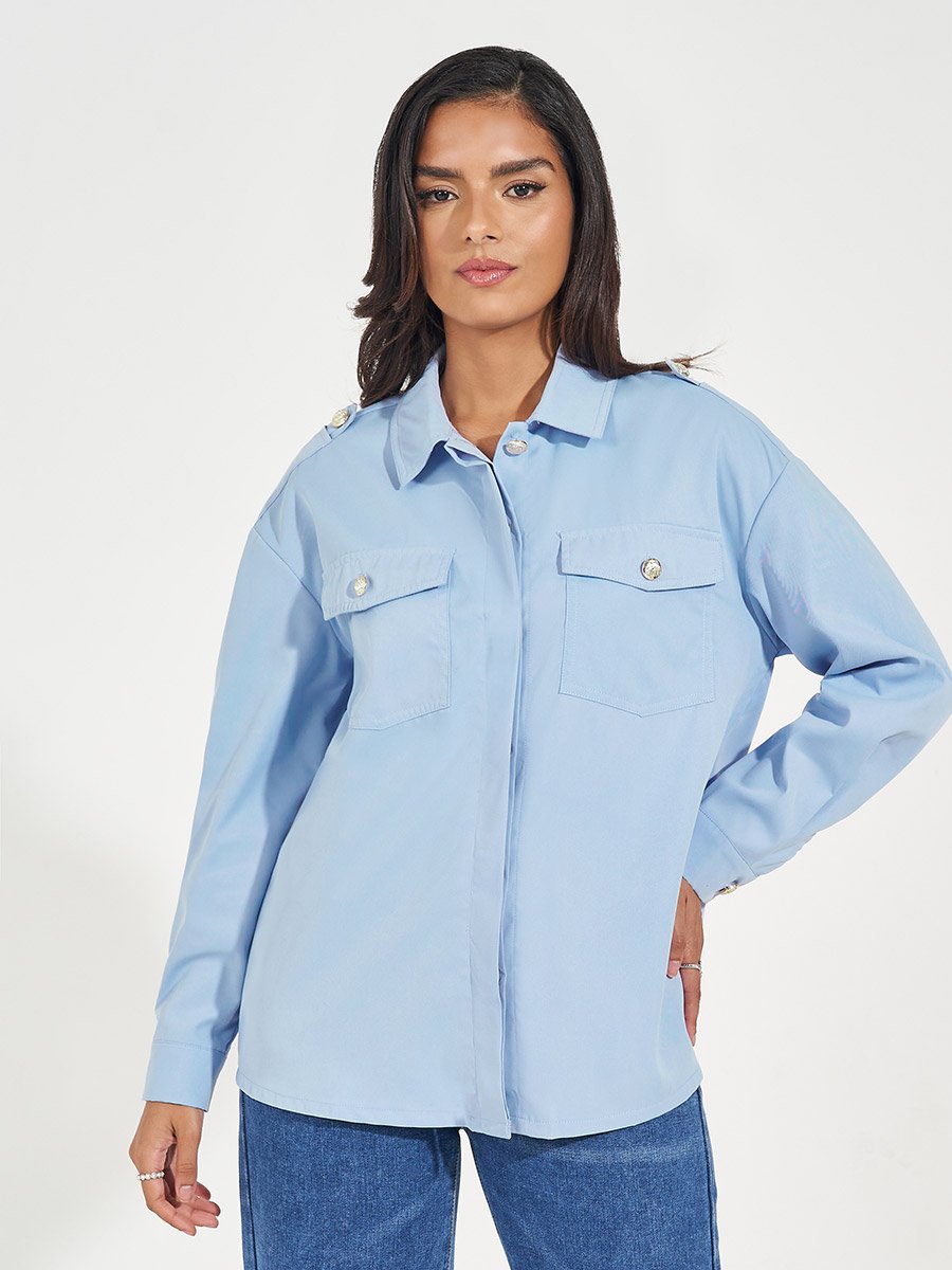 Twill Oversized Shirt with Flap Pockets