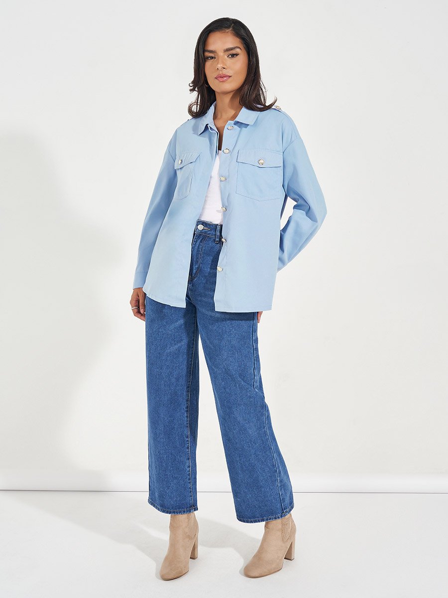 Twill Oversized Shirt with Flap Pockets