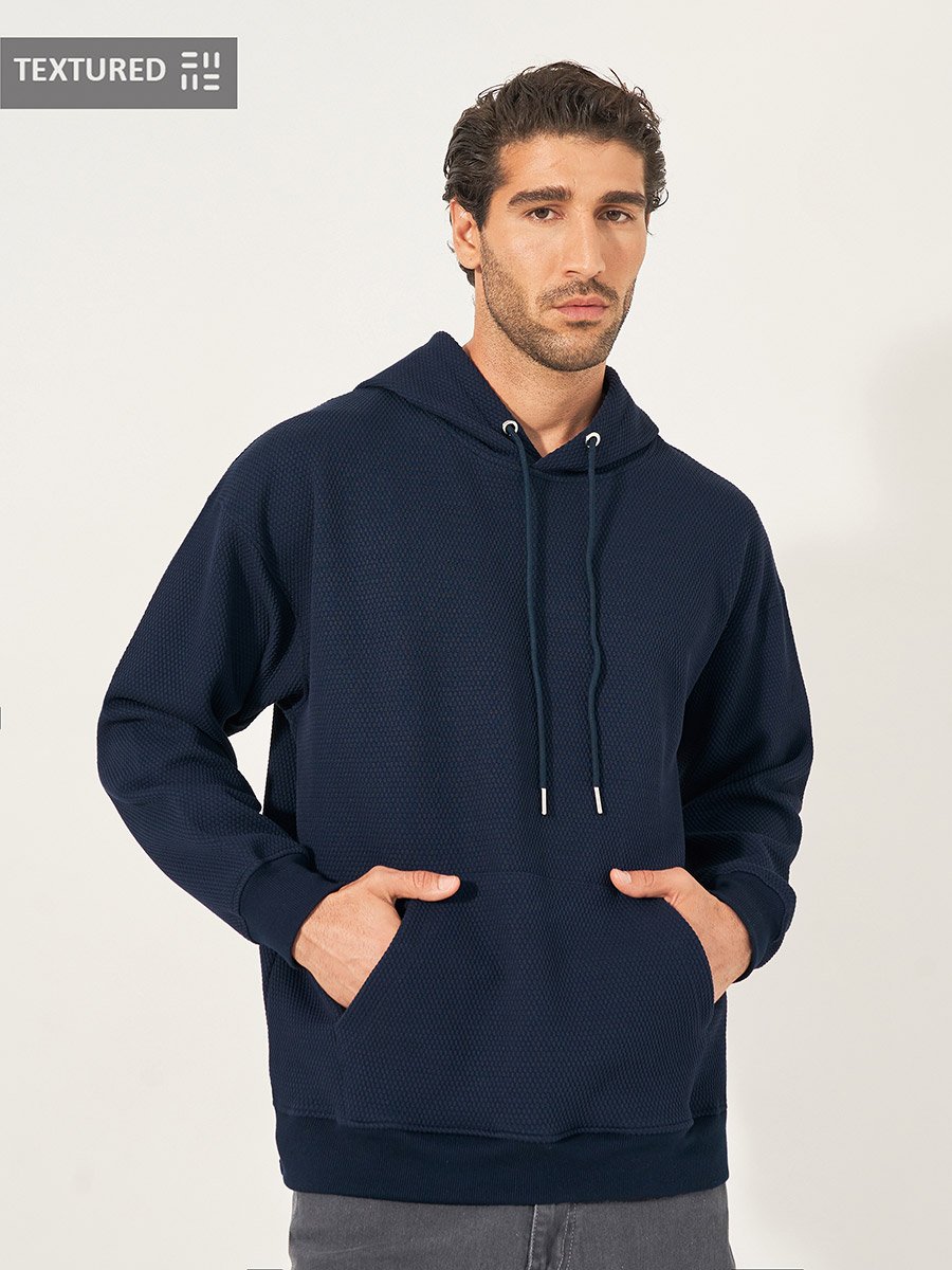 Waffle Textured Quilted Boxy Fit Hoodie with Kangaroo Pocket