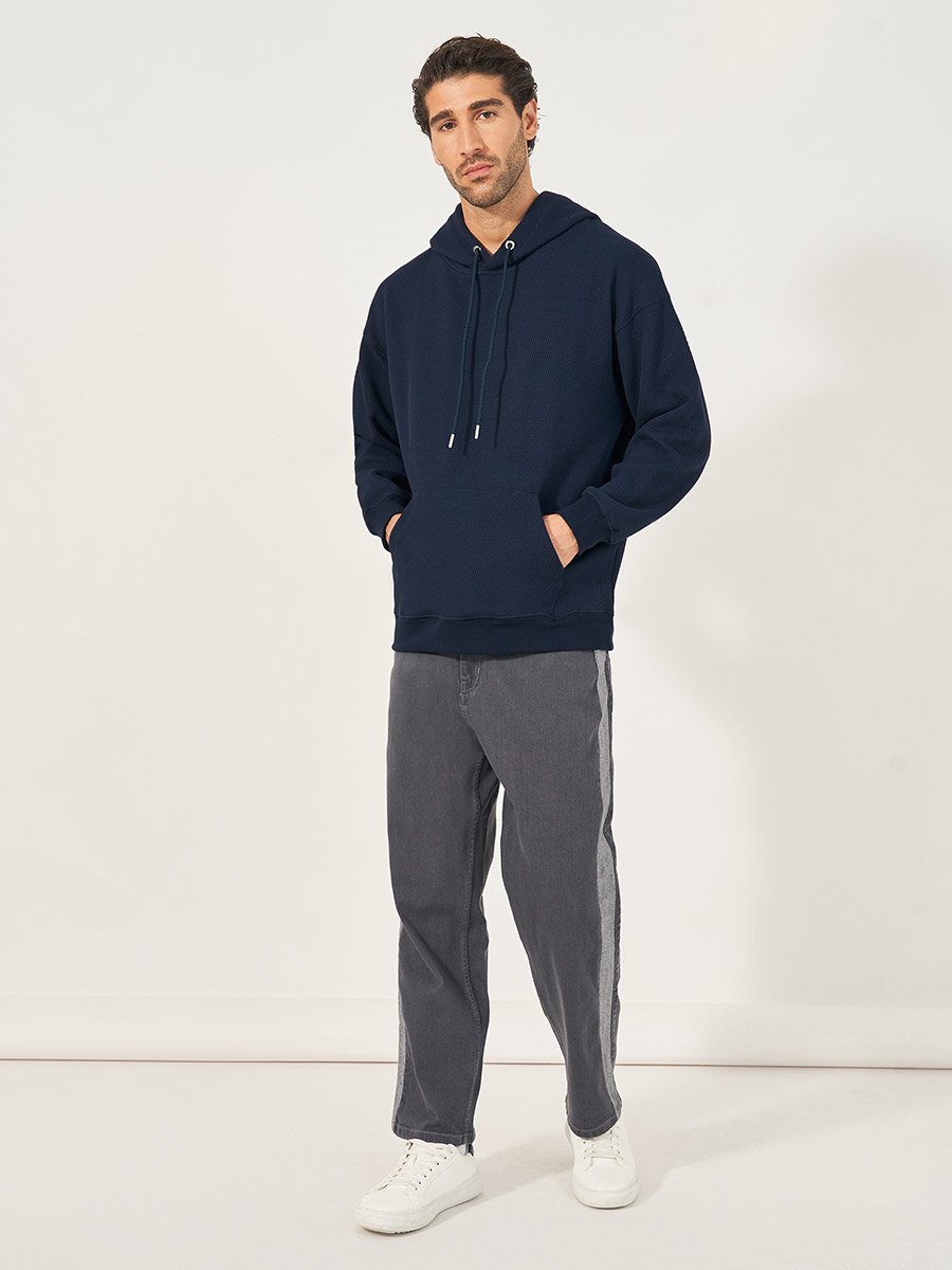 Waffle Textured Quilted Boxy Fit Hoodie with Kangaroo Pocket