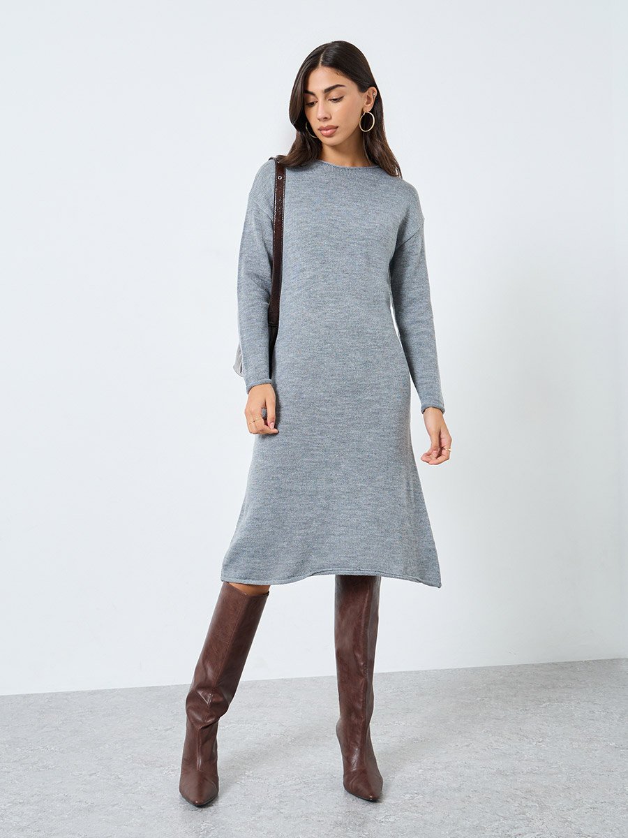 Knitted Knee Length Dress Border Print Polo Collar Knit Dress Izabel London