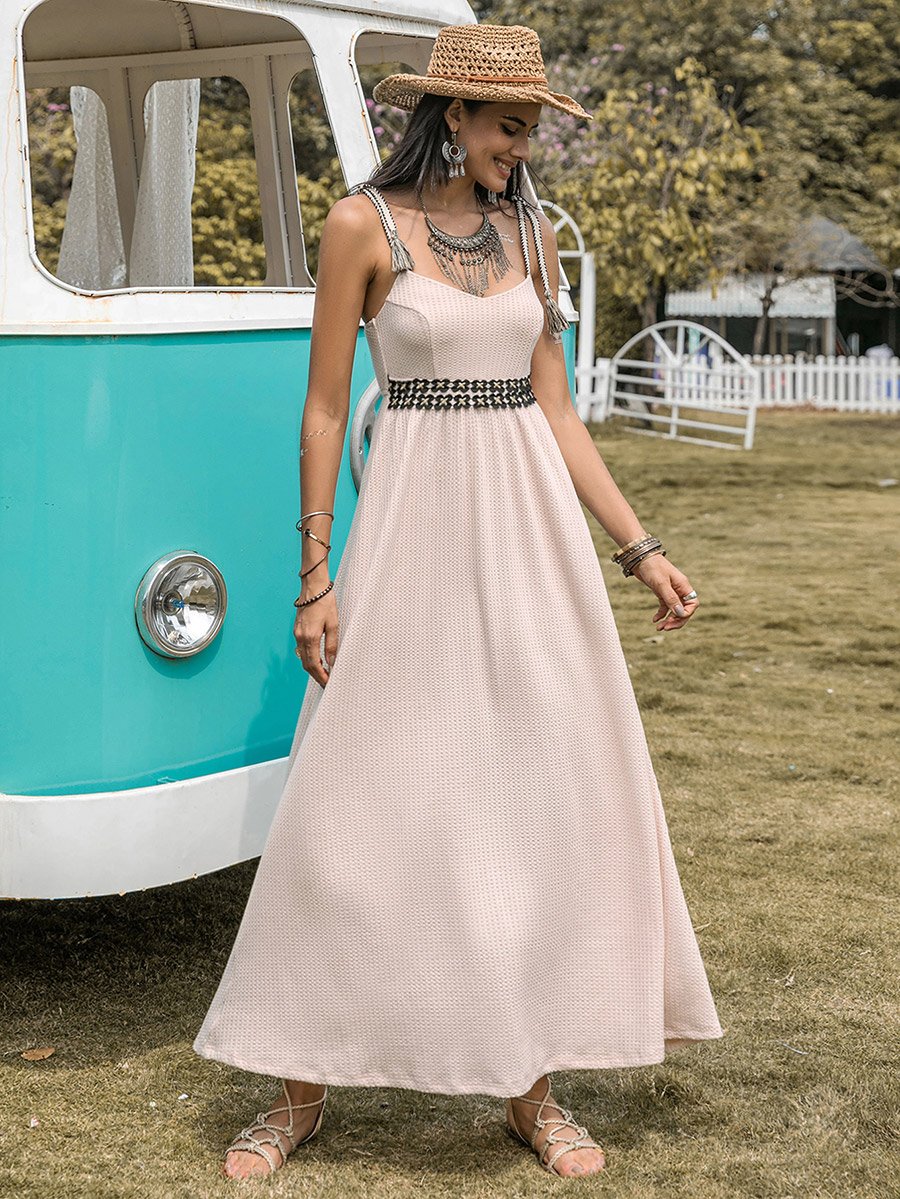 Embroidered Waist Tassel Strap A-Line Maxi Dress For Women at UAE | Styli