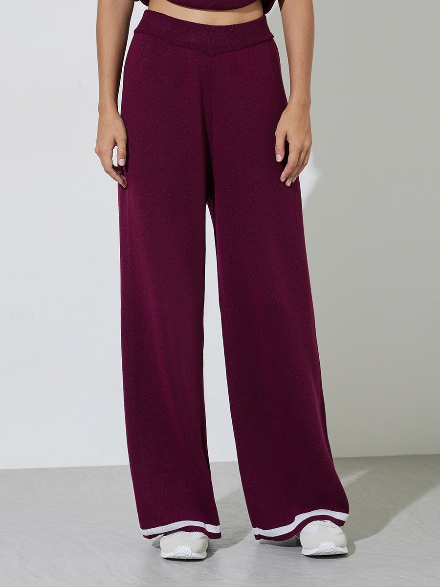 Wide Leg Casual Knit Pants with Contrast Trim