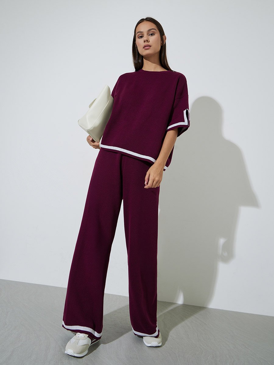 Wide Leg Casual Knit Pants with Contrast Trim