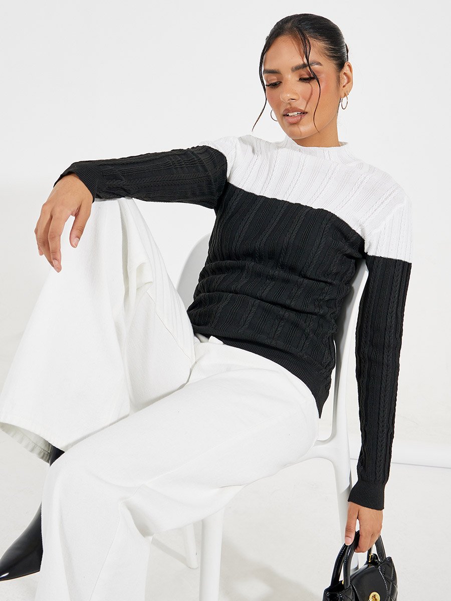 Color Block High Neck Knit Sweater