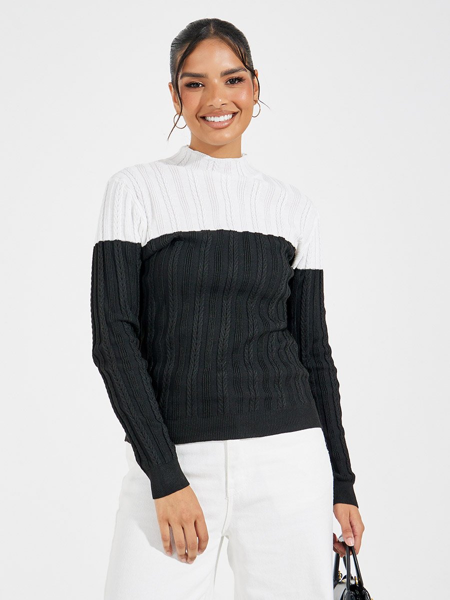 Color Block High Neck Knit Sweater