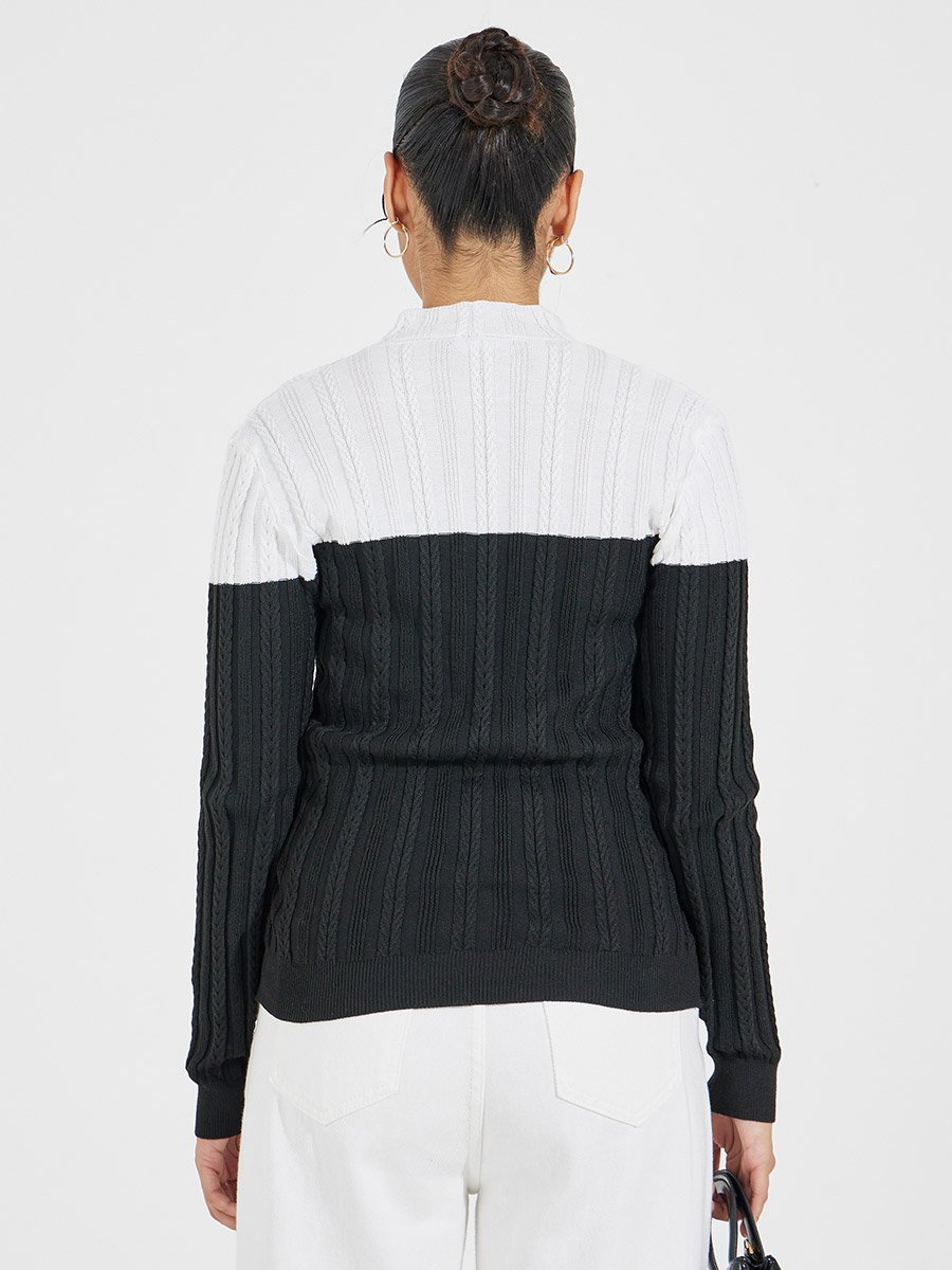 Color Block High Neck Knit Sweater