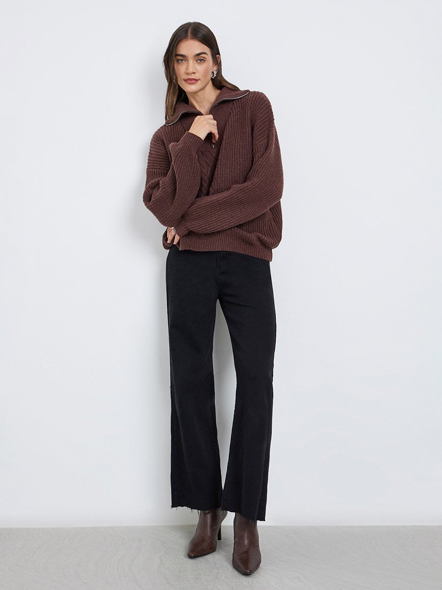Coffee Brown Cable Knit Half-Zip Sweater
