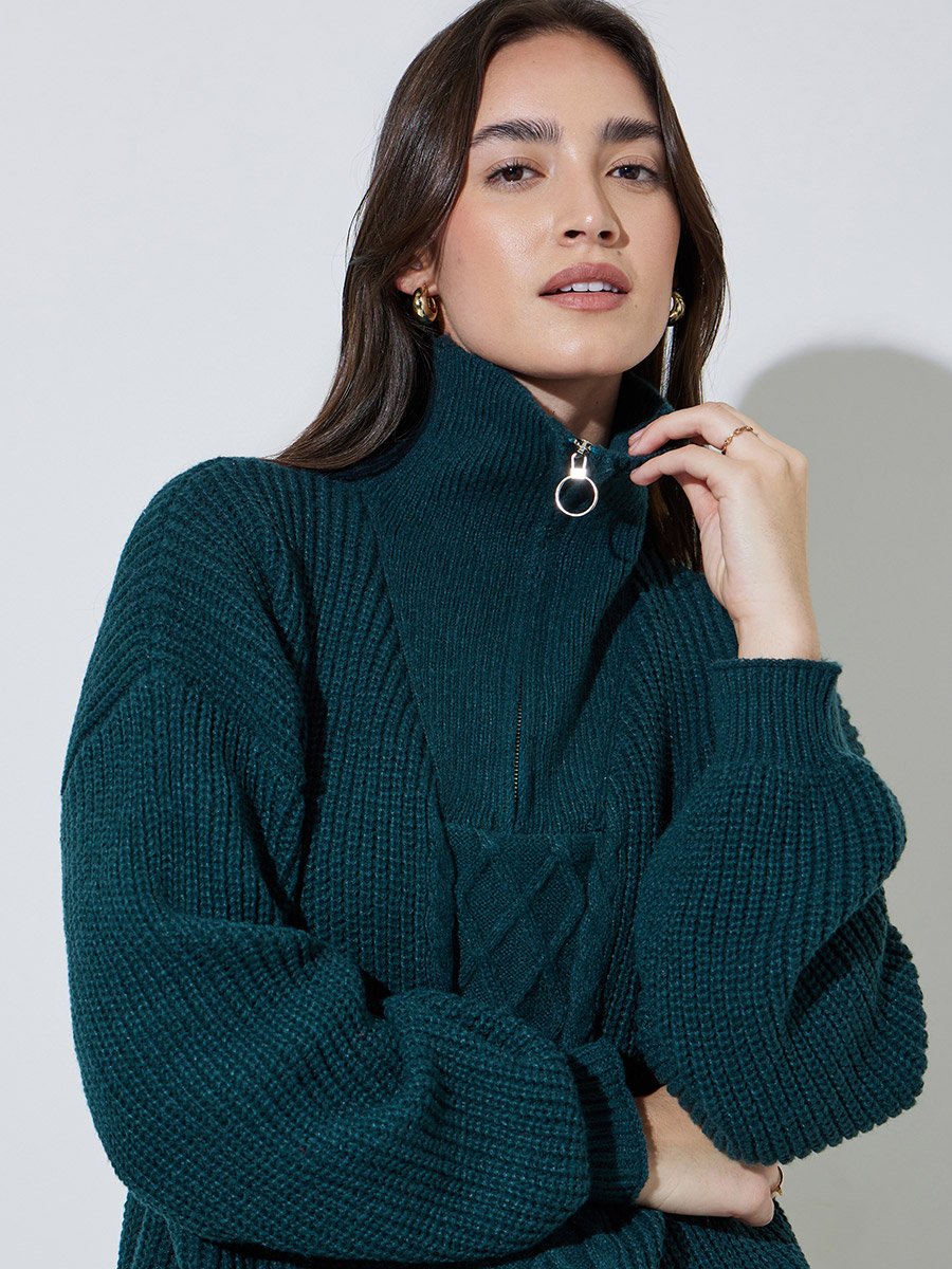 Dark Green Cable Knit Half-Zip Sweater