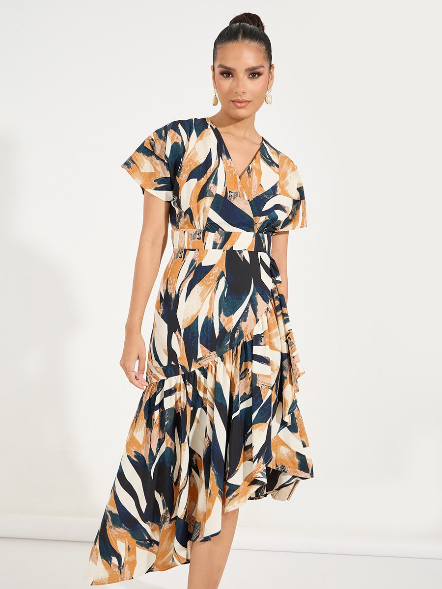 Abstract Print Mock Wrap Midi Dress with Asymmetric Hem For Women at Saudi | Styli Abstract Print Mock Wrap Midi Dress with Asymmetric Hem For Women at Saudi | Styli