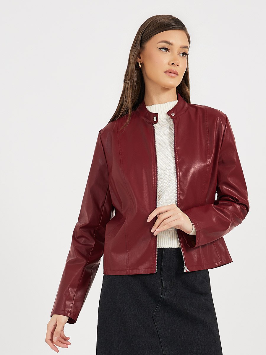 Regular Fit Short Length Leather Look Biker Jacket