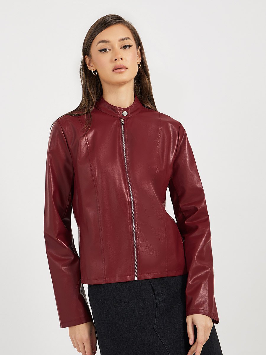 Regular Fit Short Length Leather Look Biker Jacket