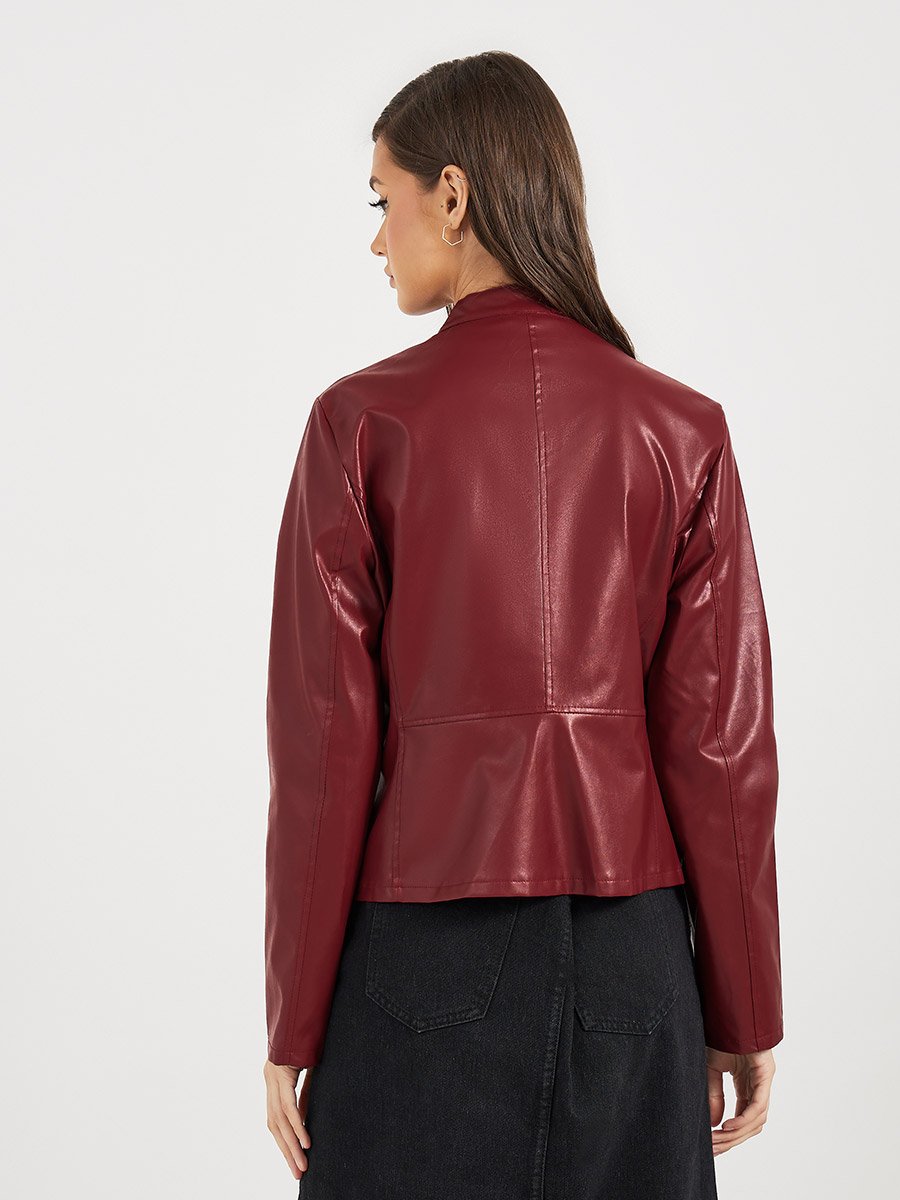 Regular Fit Short Length Leather Look Biker Jacket