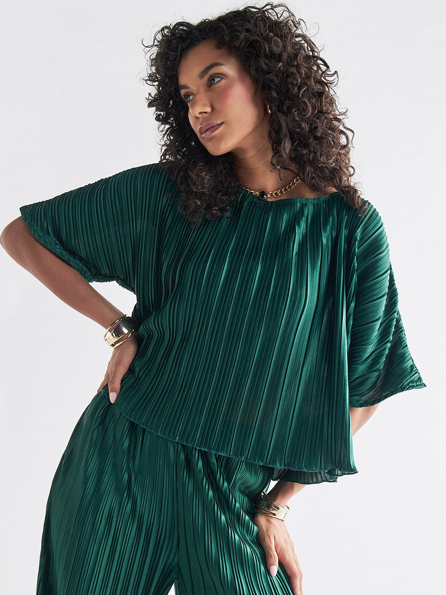 Pleated Top with Short Sleeves and Round Neck For Default Category at ...