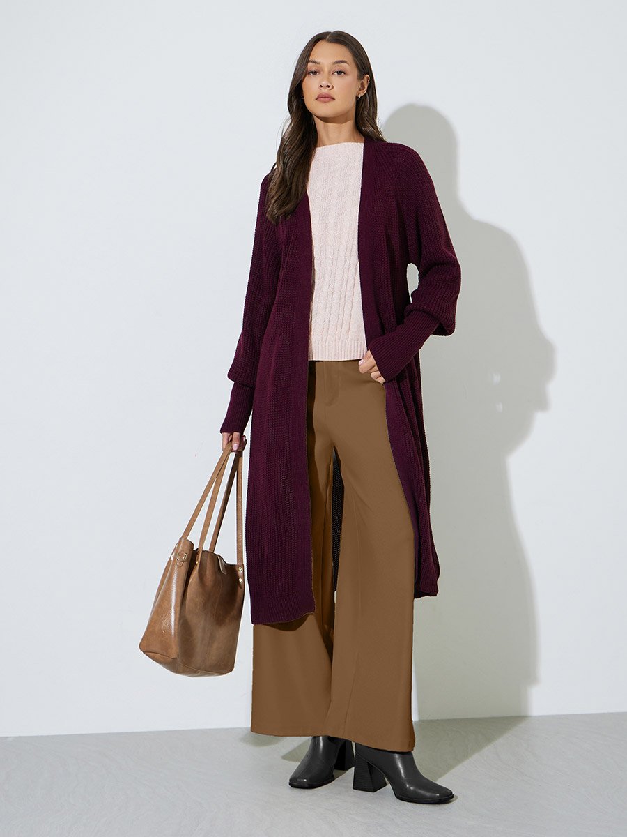 Women Elegant Longline Burgundy Cardigan
