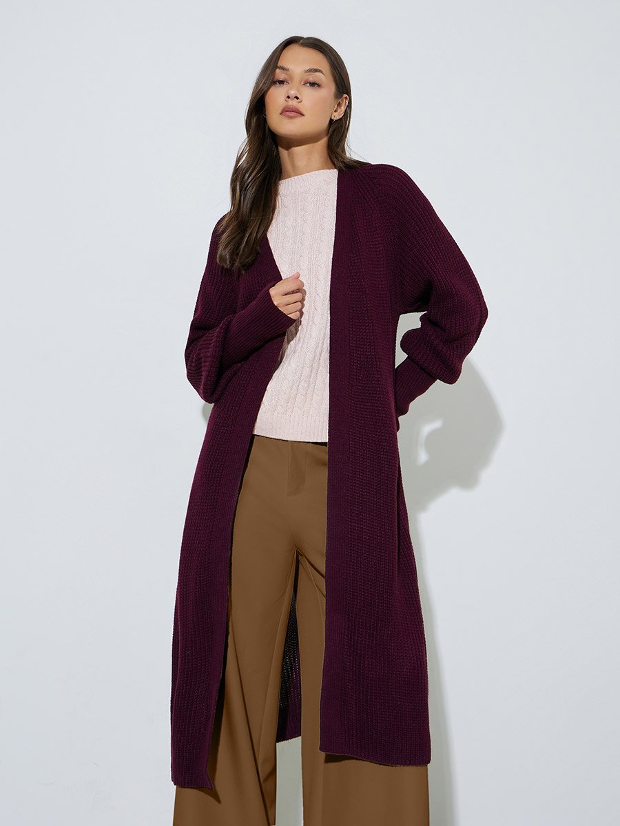 Women Elegant Longline Burgundy Cardigan
