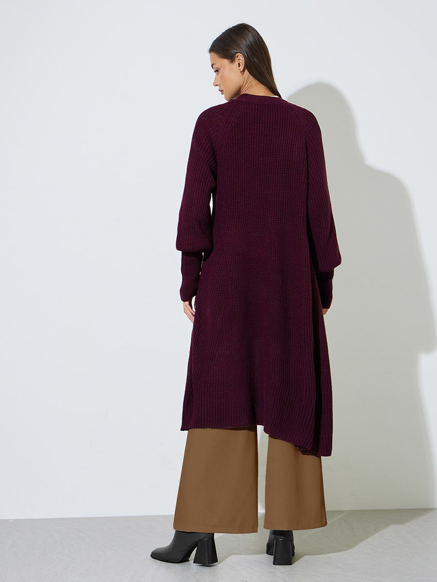 Women Elegant Longline Burgundy Cardigan