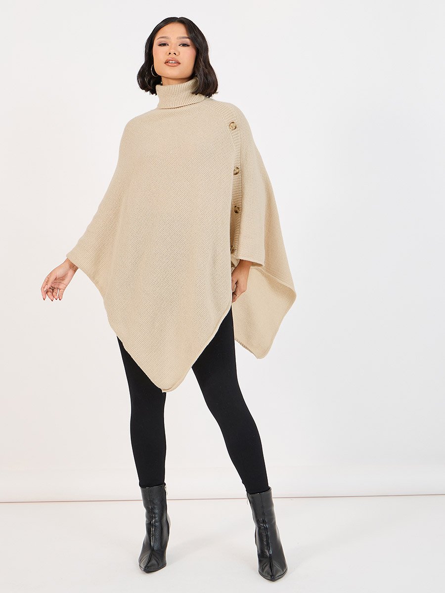 Oversized Longline Asymmetrical Sweater Cape with Buttons