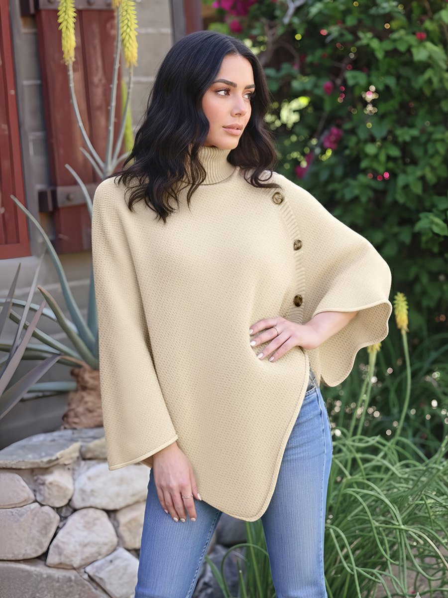 Oversized Longline Asymmetrical Sweater Cape with Buttons