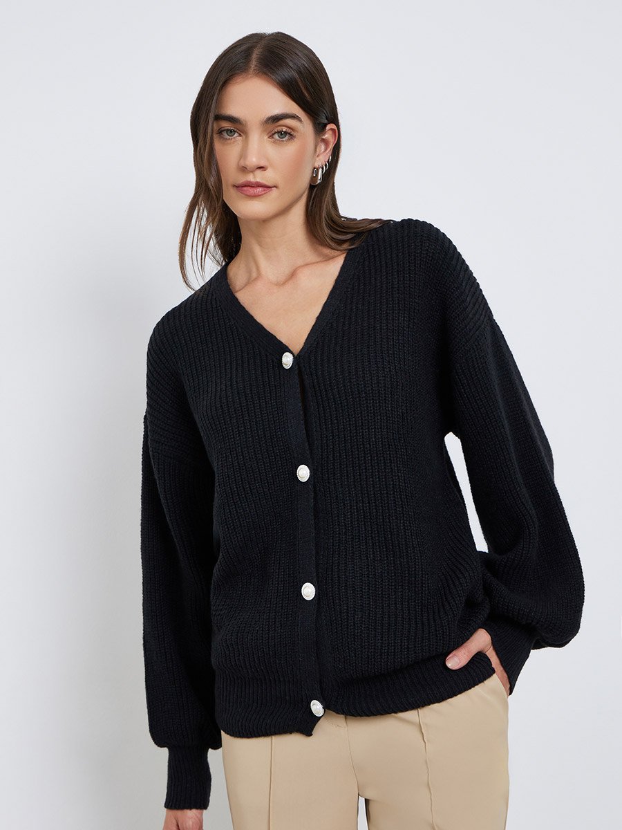 Elegant Black Knit Buttoned Cardigan