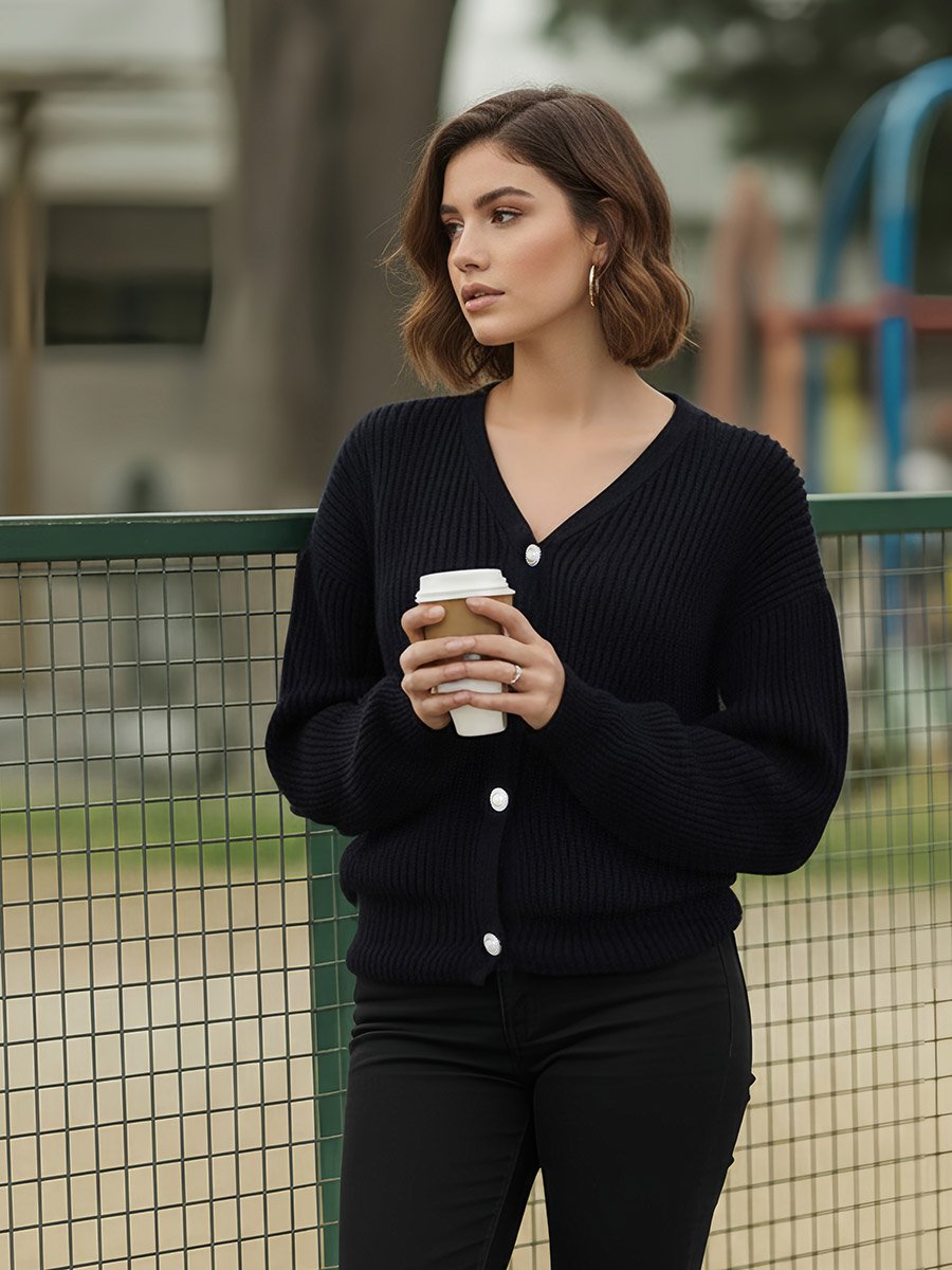 Elegant Black Knit Buttoned Cardigan