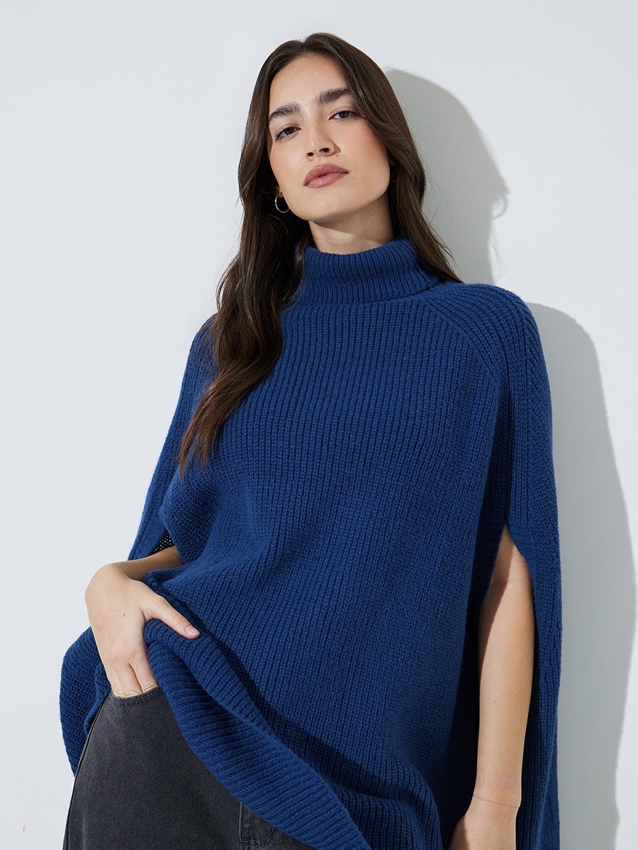 Navy Blue Knit Turtleneck Cape Sleeve Sweater