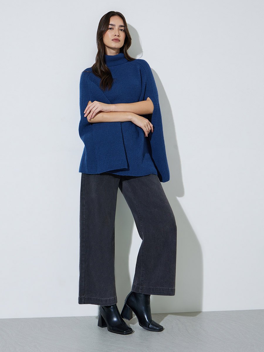 Navy Blue Knit Turtleneck Cape Sleeve Sweater