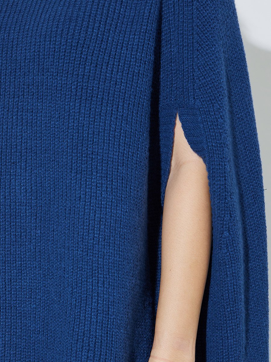 Navy Blue Knit Turtleneck Cape Sleeve Sweater