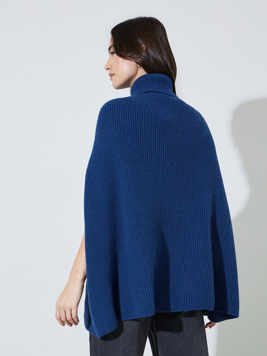 Navy Blue Knit Turtleneck Cape Sleeve Sweater