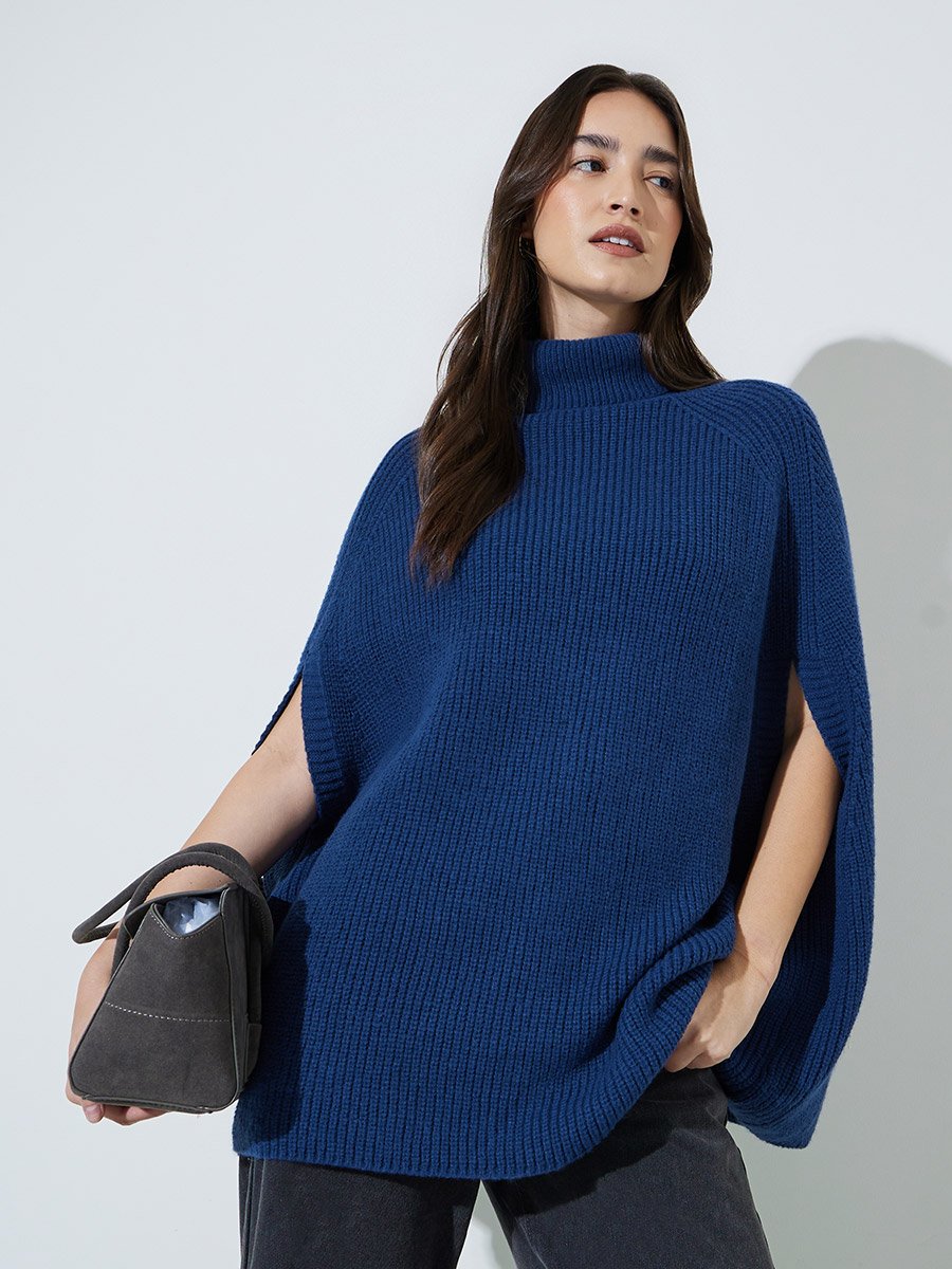 Navy Blue Knit Turtleneck Cape Sleeve Sweater