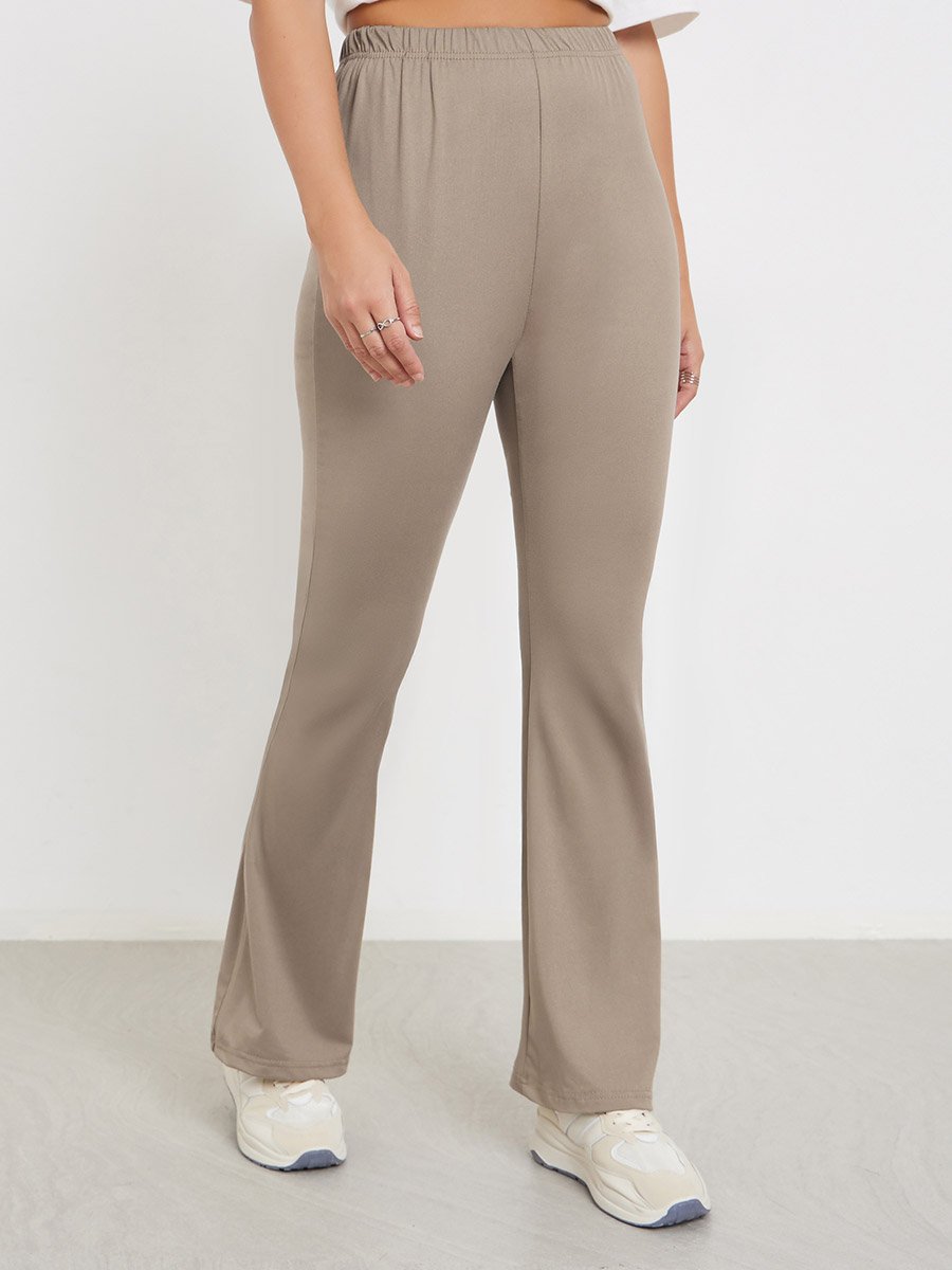 Beige Elastic Waistband Flared Leggings