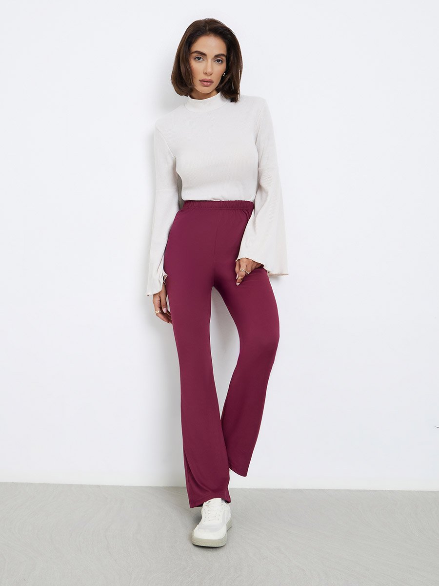 Burgundy Elastic Waistband Flared Leggings