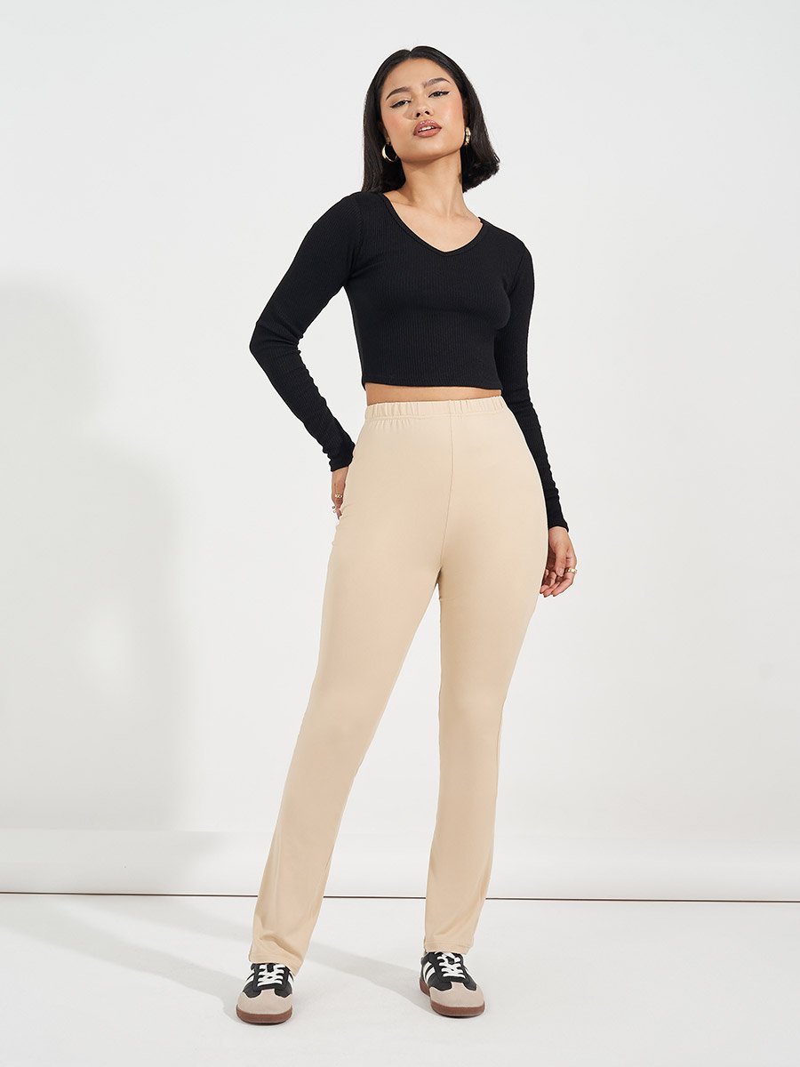 Solid Elastic Waistband Slim Fit Leggings