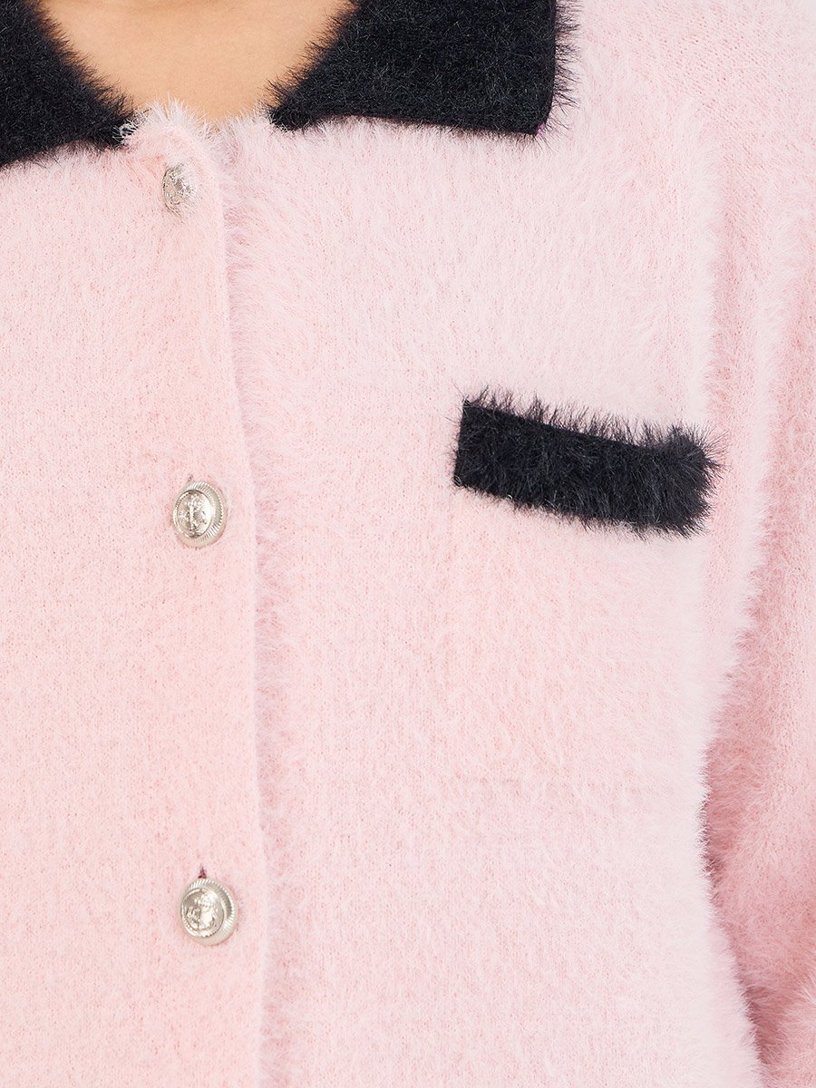 Regular Fit Fuzzy Yarn Cardigan with Contrast Cuff