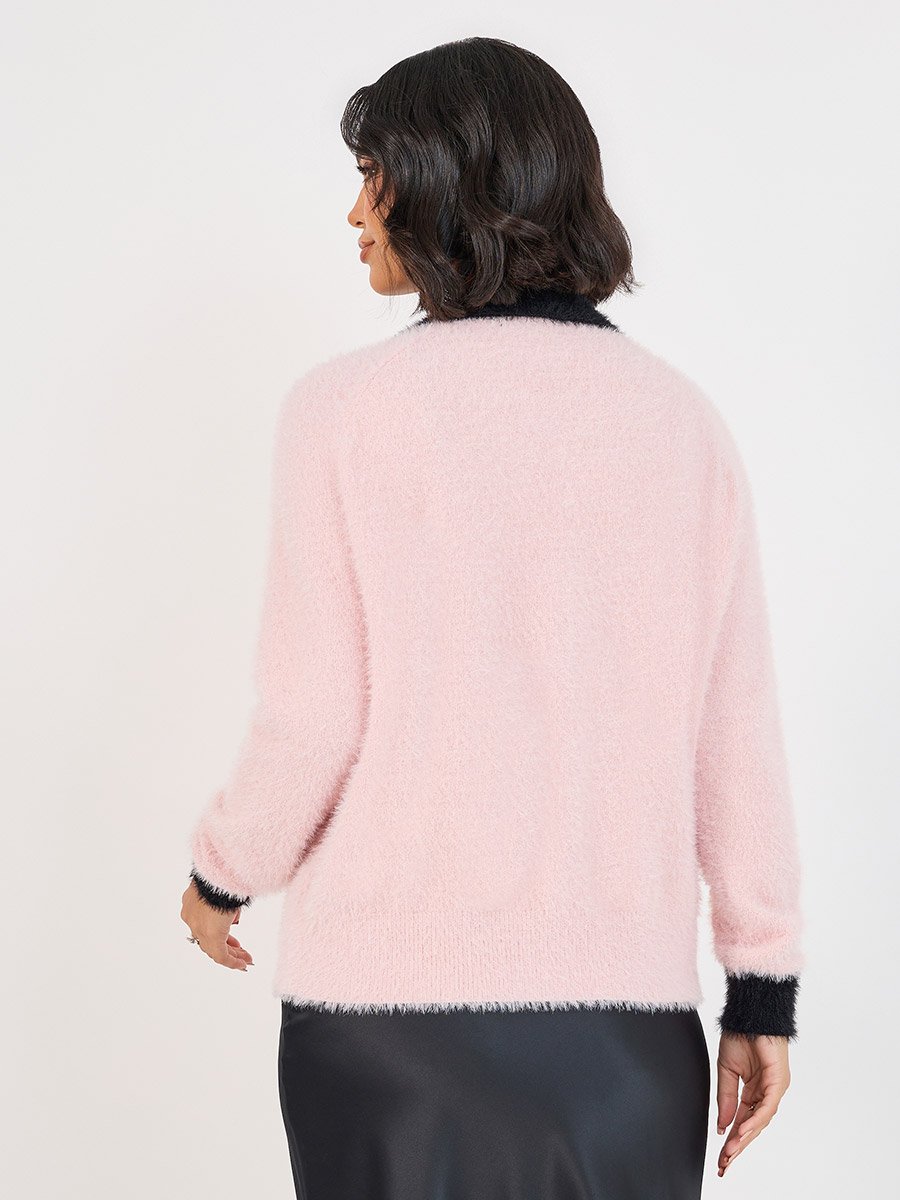 Regular Fit Fuzzy Yarn Cardigan with Contrast Cuff