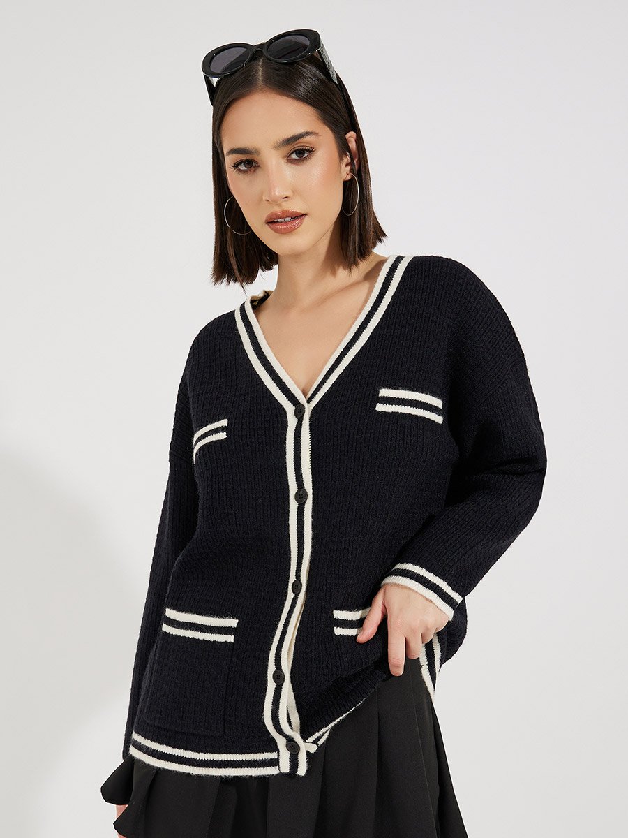 Regular Fit Longline Cardigan with Contrast Detailing
