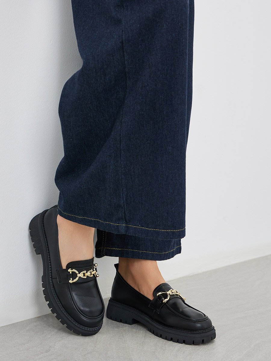Chain Detail Leather Look Loafers