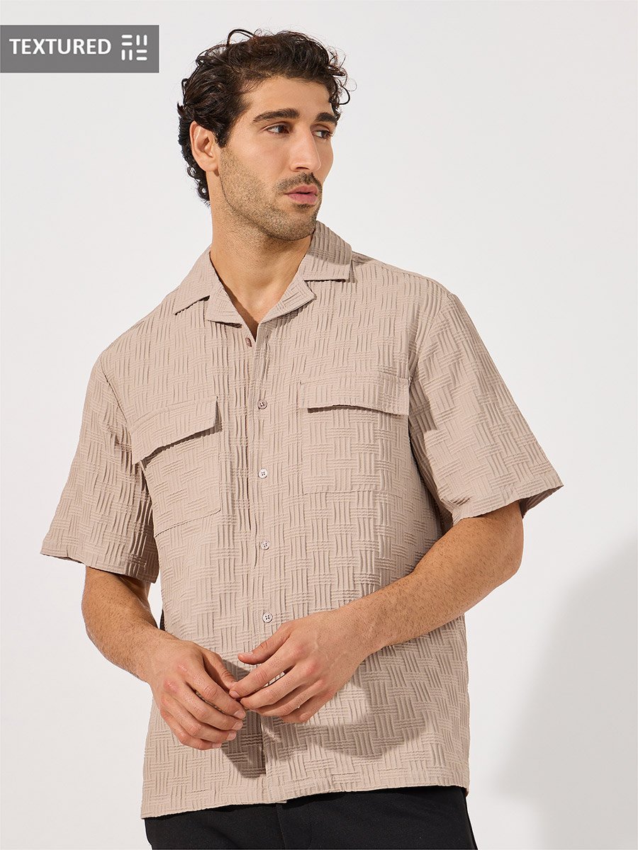 Textured Relaxed Fit Resort Collar Shirt with Utility Pockets