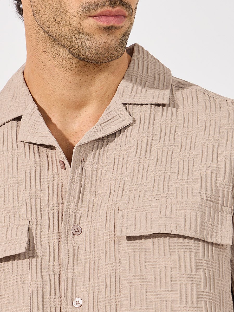 Textured Relaxed Fit Resort Collar Shirt with Utility Pockets