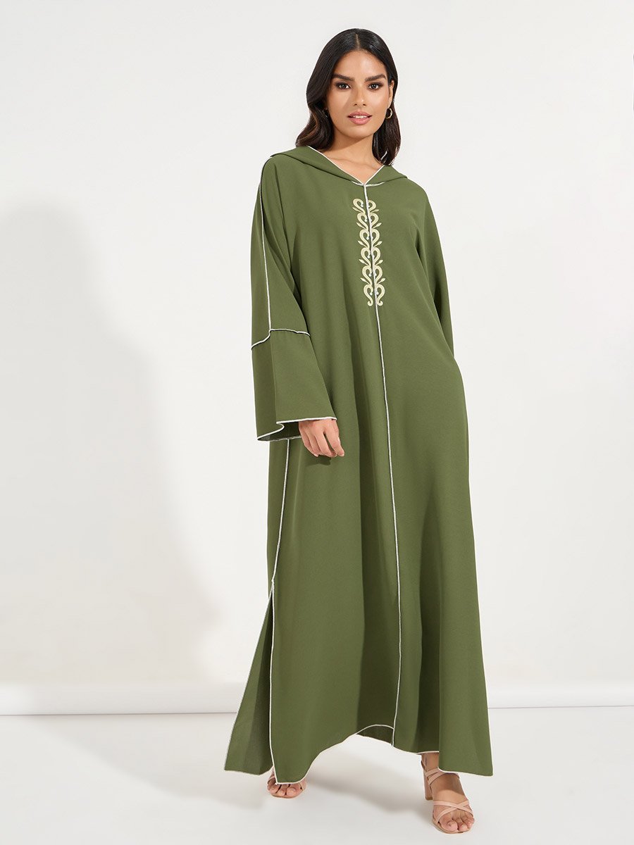 Embroidered Cotton Mix Hooded Kaftan Maxi Dress