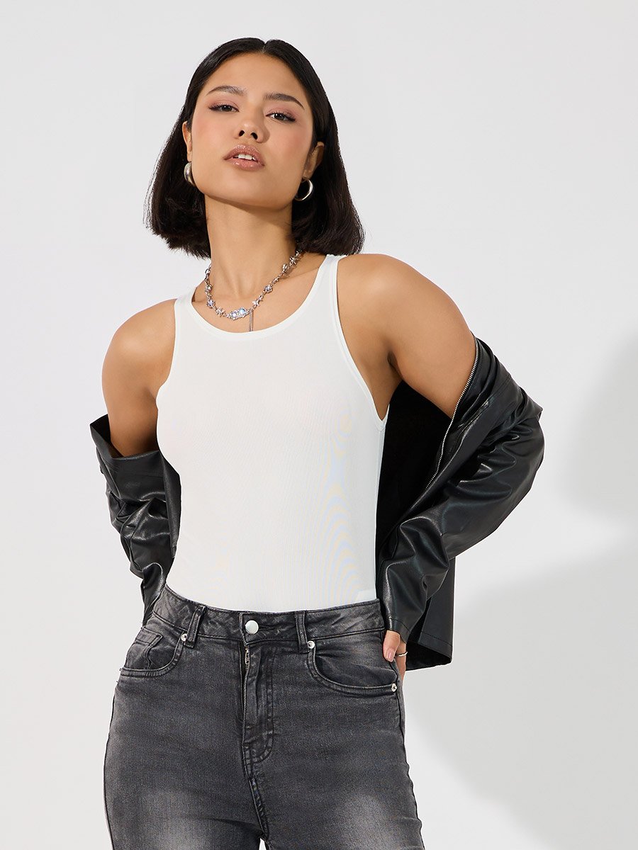 Women White Ribbed Knit Fitted Bodysuit