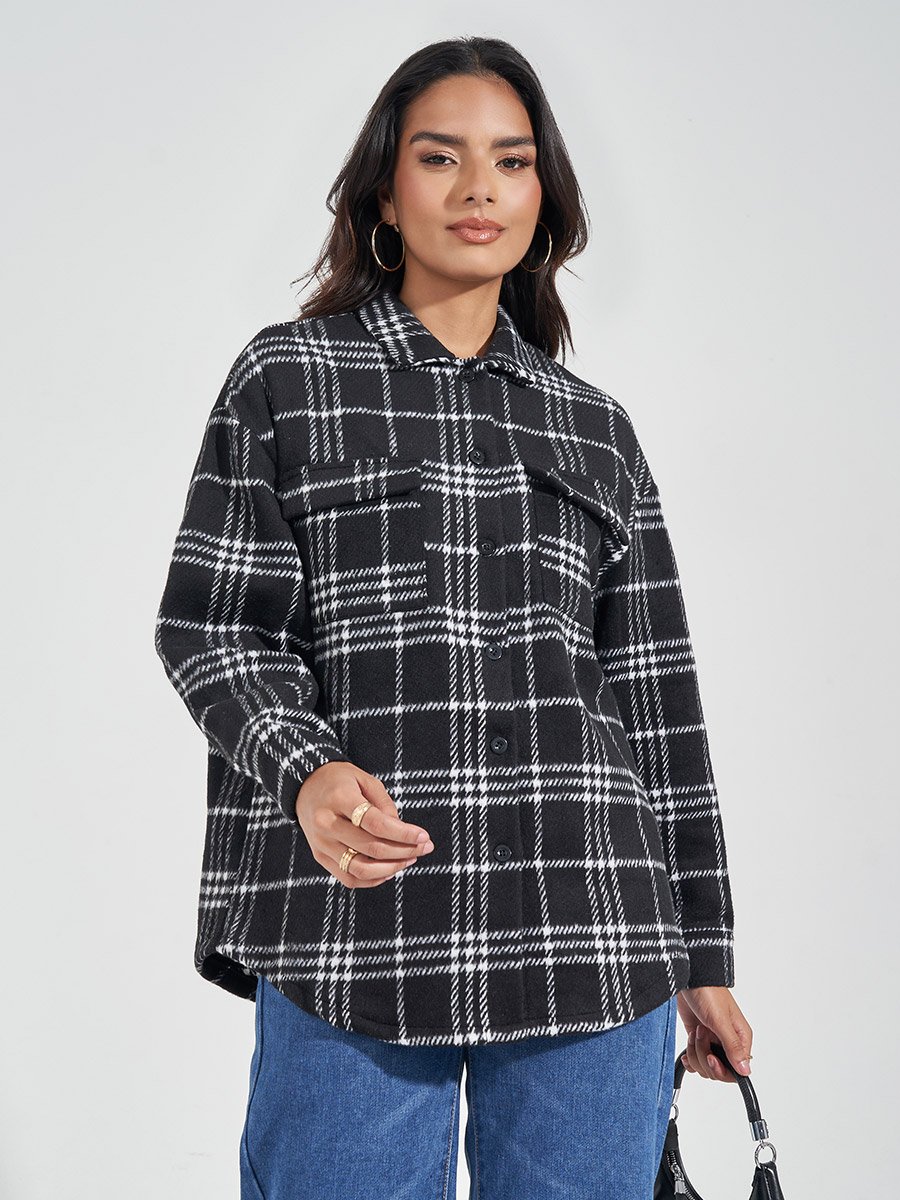 Oversized Longline Wool Like Checked Shacket