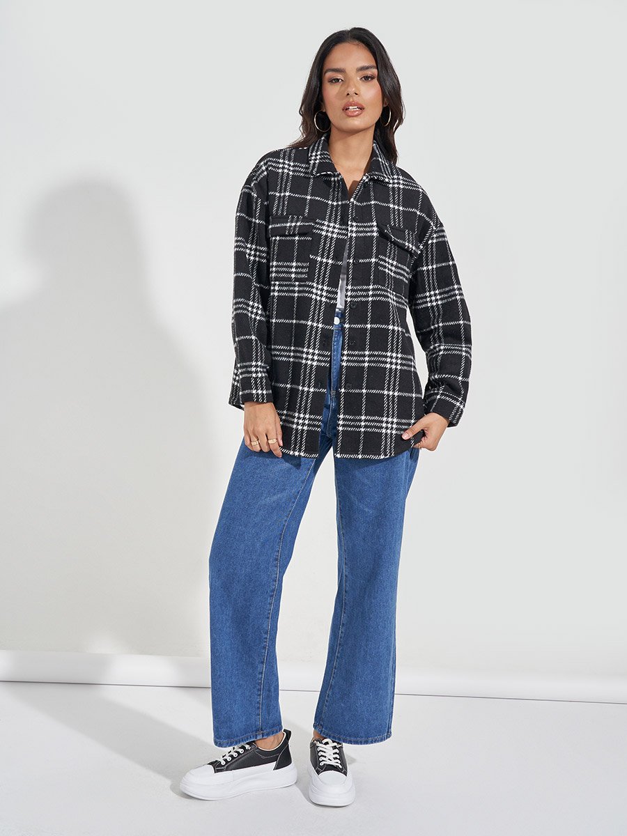 Oversized Longline Wool Like Checked Shacket