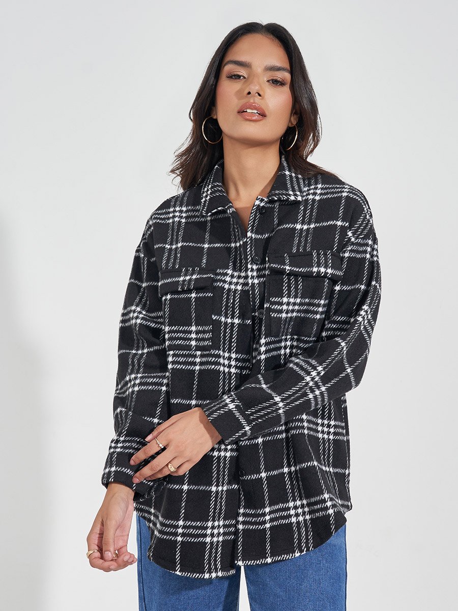 Oversized Longline Wool Like Checked Shacket